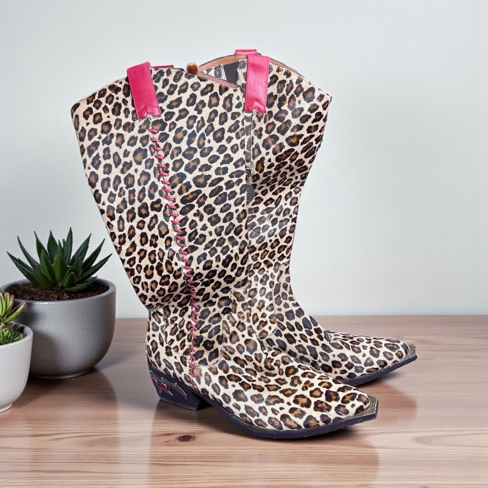 Donald J Pliner Western Couture Leopard Calf Hair Cowboy Boots 9.5 Italy RARE